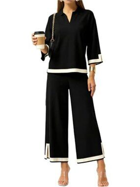 Women's 2 Piece Knit Lounge Set - 3/4 Sleeve Sweater Top & Wide Leg Pants